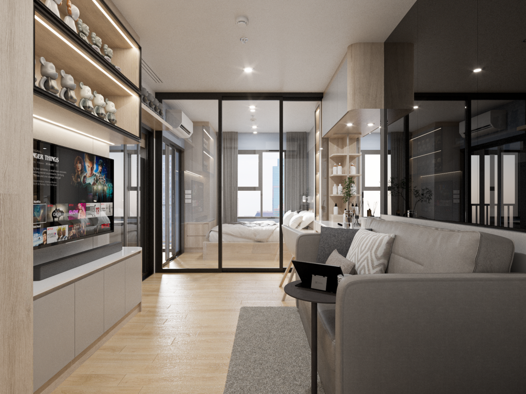 R4ผลงานออกแบบ 3D รีโนเวทคอนโด ส่วนห้องนั่งเล่น กระจกกั้นห้อง เฟอร์นิเจอร์บิ้วอินby Fast track decor