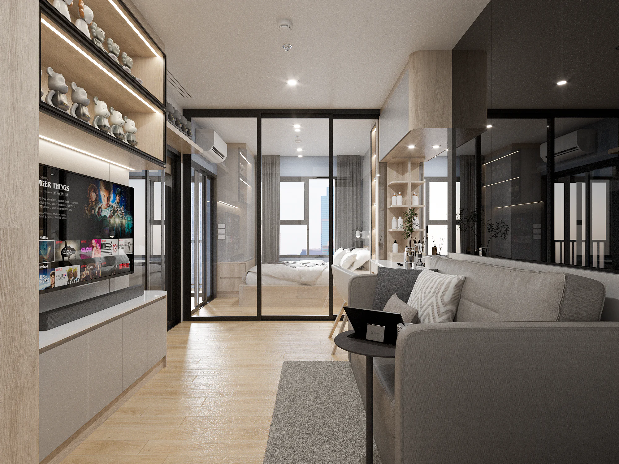R4ผลงานออกแบบ 3D รีโนเวทคอนโด ส่วนห้องนั่งเล่น กระจกกั้นห้อง เฟอร์นิเจอร์บิ้วอินby Fast track decor