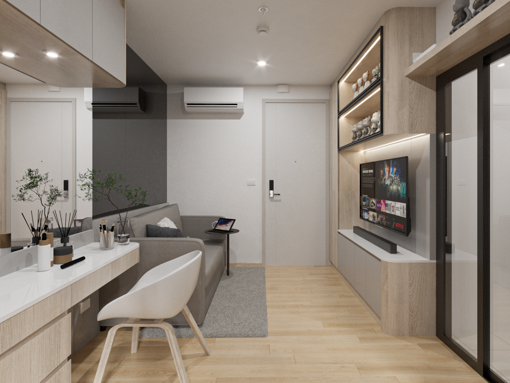 R6ผลงานออกแบบ 3D รีโนเวทคอนโด กระจกกั้นห้อง เฟอร์นิเจอร์บิ้วอินby Fast track decor