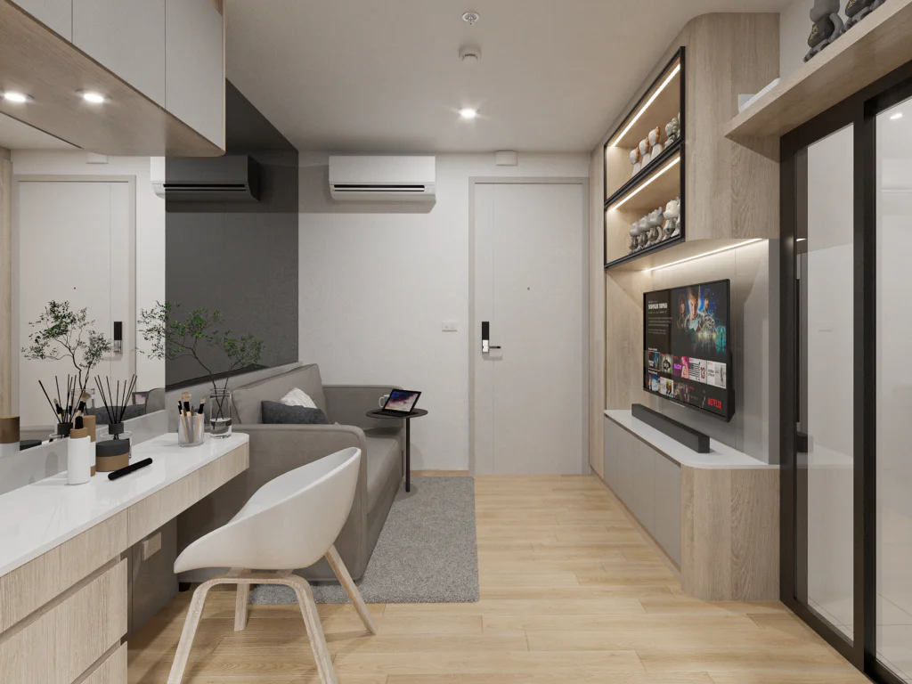 R6ผลงานออกแบบ 3D รีโนเวทคอนโด กระจกกั้นห้อง เฟอร์นิเจอร์บิ้วอินby Fast track decor