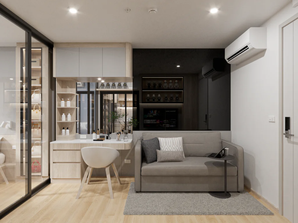 R9ผลงานออกแบบ 3D รีโนเวทคอนโด กระจกกั้นห้อง เฟอร์นิเจอร์บิ้วอินby Fast track decor