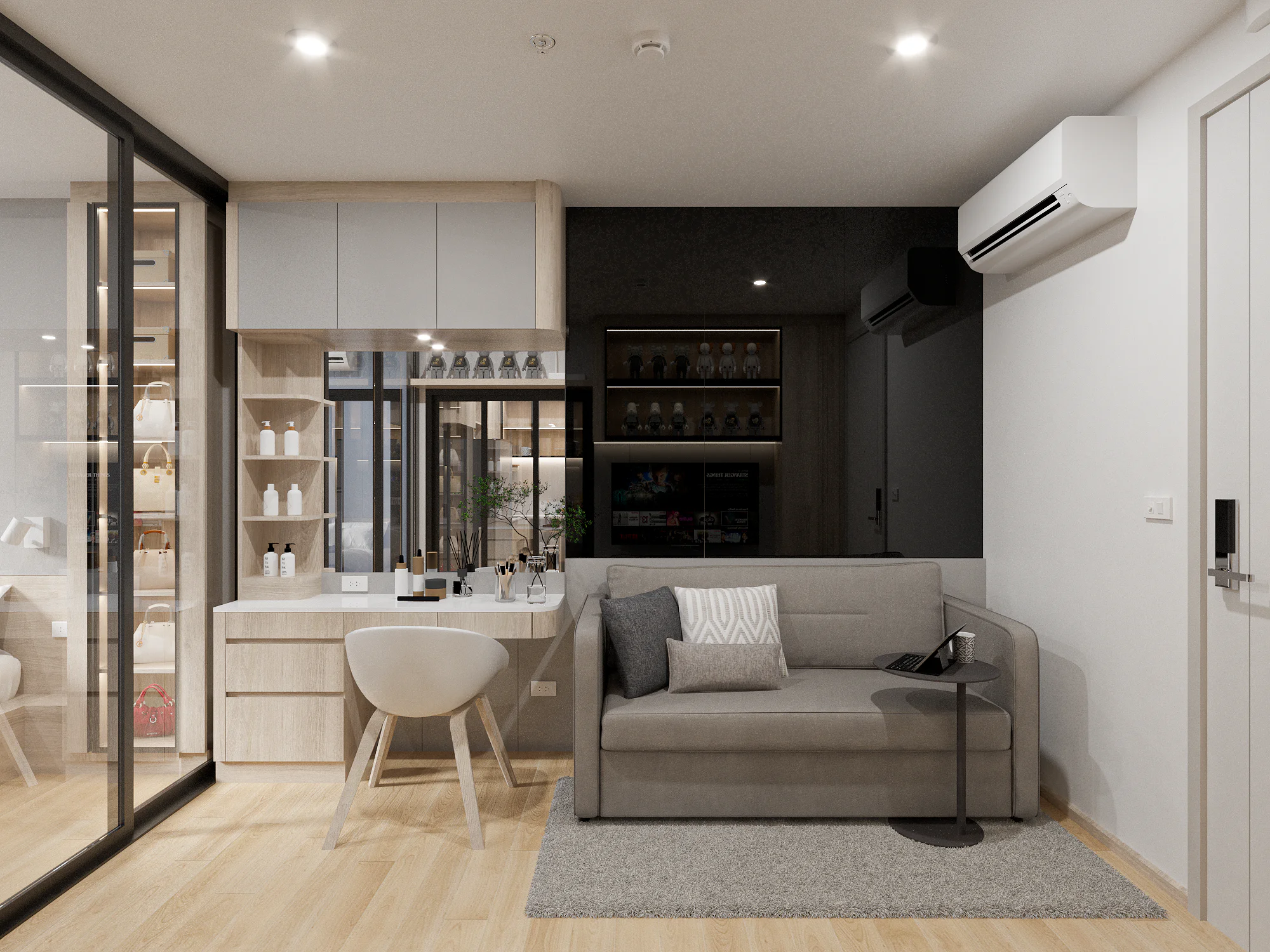 R9ผลงานออกแบบ 3D รีโนเวทคอนโด กระจกกั้นห้อง เฟอร์นิเจอร์บิ้วอินby Fast track decor
