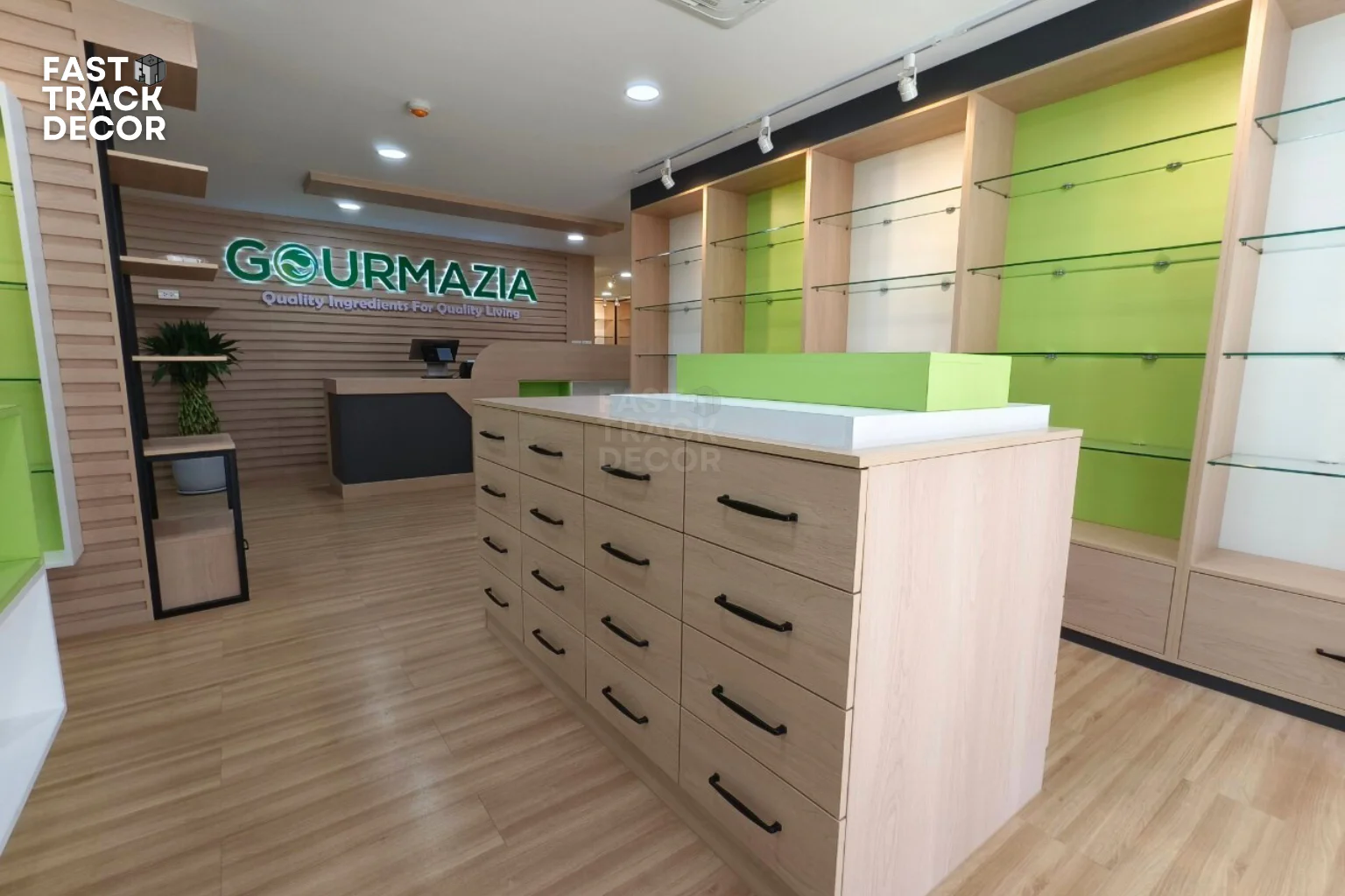 ตกแต่งร้านอาหารเสริม_gourmazia_บิ้วอินตู้โชว์_fasttrackdecor