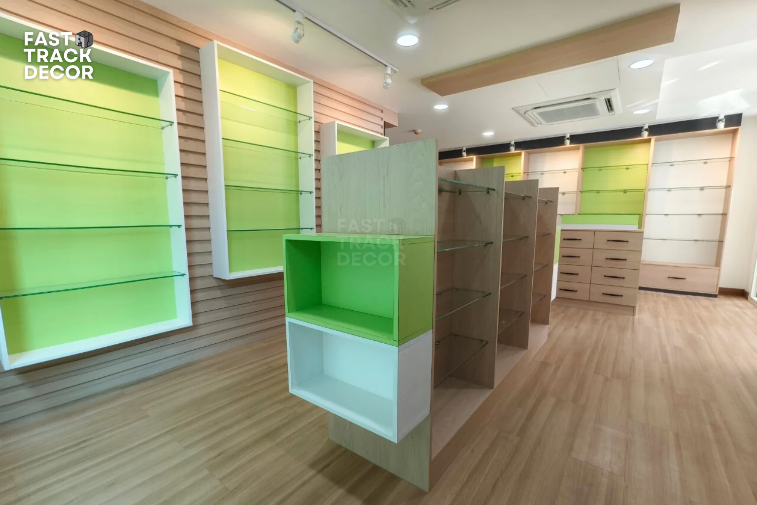 ตกแต่งร้านอาหารเสริม_gourmazia_มุมจัดแสดงผลิตภัณฑ์_fasttrackdecor